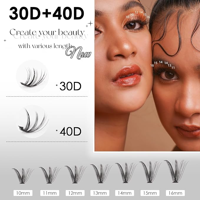 Lash Clusters DIY Lash Extensions Kit 320pcs Individual Lashes Clusters 30D 40D Eyelash Extension Kit with Applicator and Lash Bond&Seal,Clusters Lash Glue Remover Mix 10-16mm (30D+40D-320 KIT)