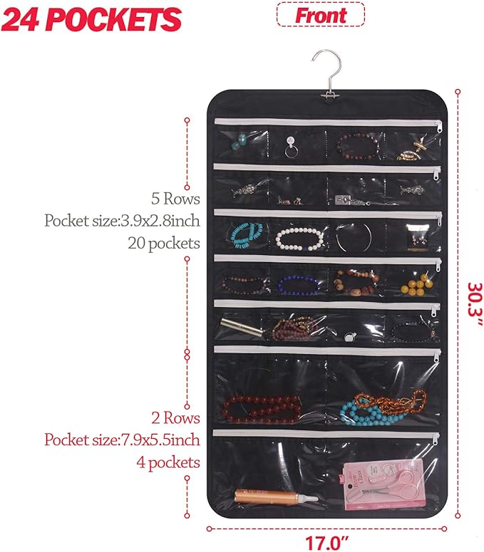 DIOMMELL Hanging Jewelry Organizer 47 Pockets with Zipper for Earrings Necklace Bracelet Ring Accessory Display Storage Bag Travel Holder Box
