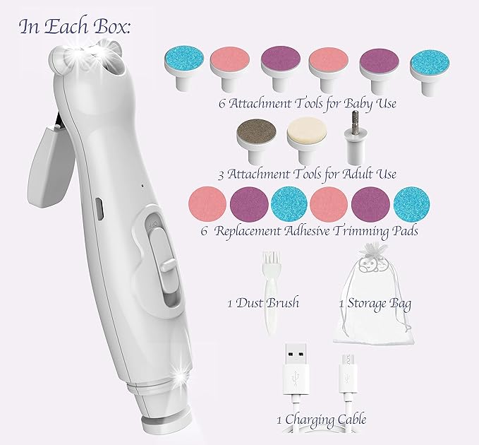 Royal Angels Rechargeable Dual Sided 20 in 1 Baby Nail Trimmer & Clipper, 15 Filing Pads, Whisper Quiet Electric File with LED Lights for Newborns & Toddlers, Safe Manicure Set for Families (Snow)