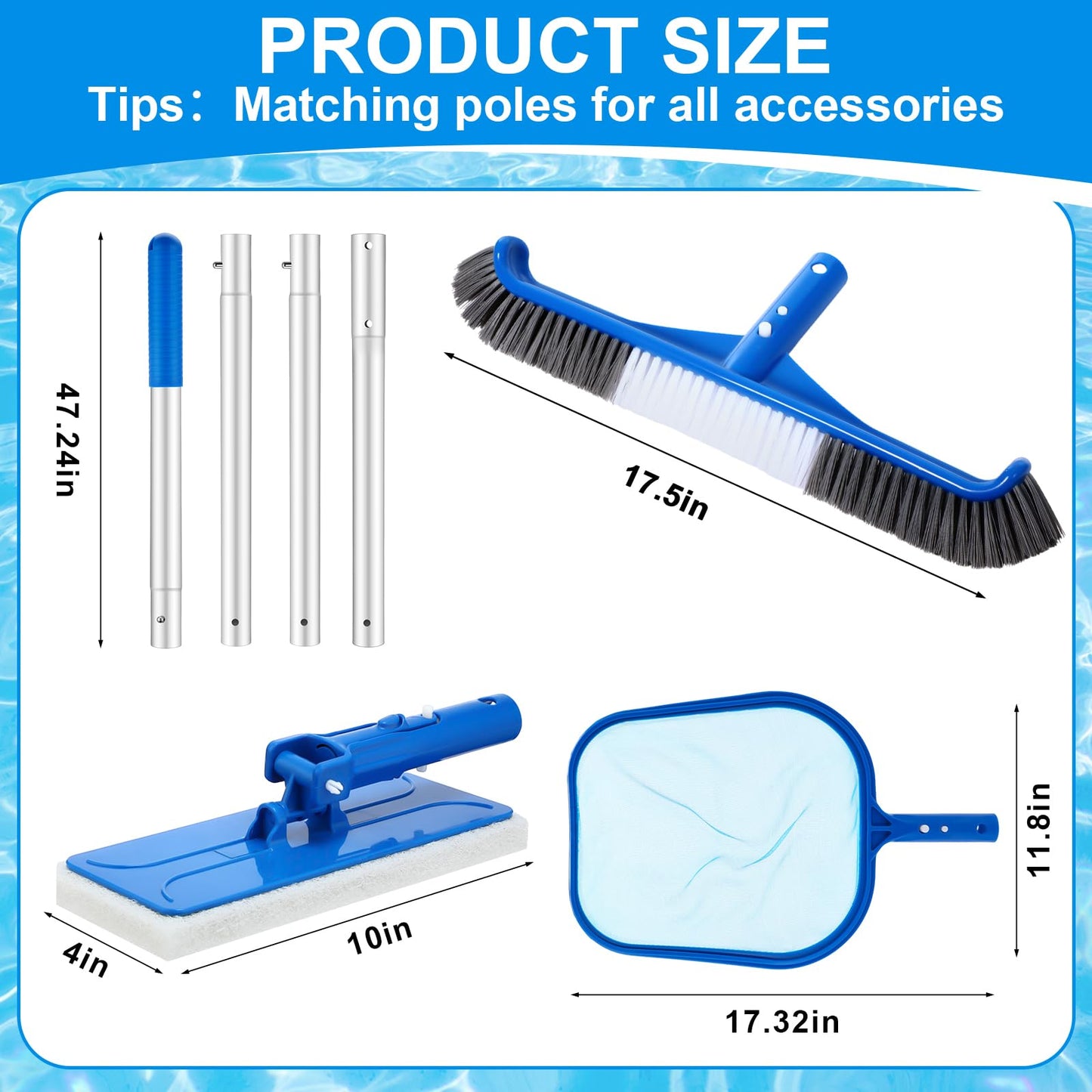 Tioncy 4 Pack Swimming Pool Cleaning Kit Including Pool Cleaning Brush Scrubbing Scouring Sponge Pad Skimmer Leaf Net and 47inch Swimming Pool Cleaning Poles for Inflatable Pool Home Spas Hot Tubs