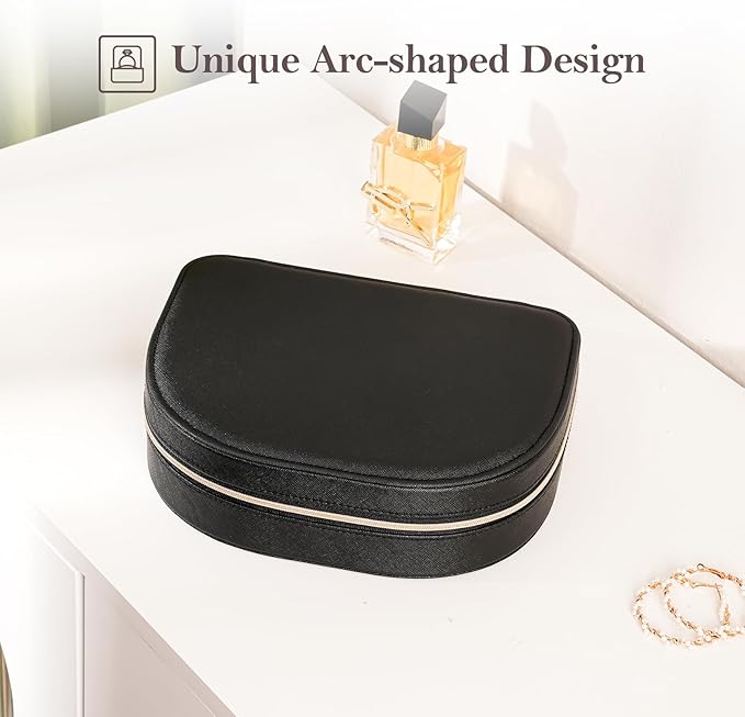 ProCase Travel Size Jewelry Box, Large Portable Seashell-Shaped Jewelry Case, 2 Layer Jewelry Organizer in PU Leather for Women -Black