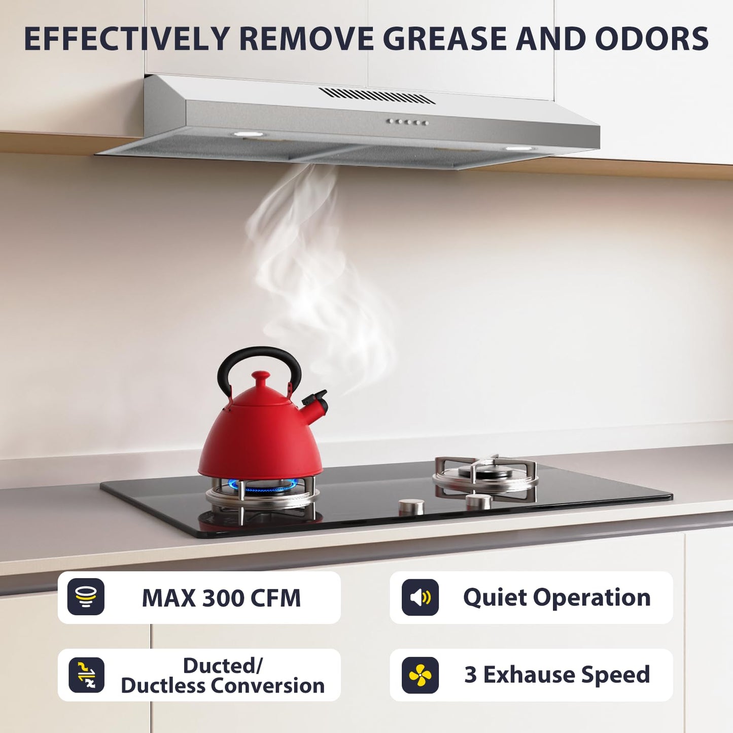 GRACEALL 30 Inch Under Cabinet Range Hood - Ductless Vent Hood Convertible to Ducted, Stainless Steel Kitchen Stove Extractor, Oven Exhaust Fan with Reusable Aluminum Filters and Charcoal Filter