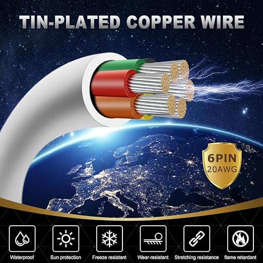 20 Gauge 6 Conductor Electrical Wire, 16.4FT White Stranded Low Voltage 20/6 Cable PVC Case, 20 AWG Tinned Copper 6 Wire Extension Power Cable for LED Lamp Lighting, Automotive