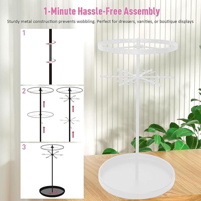 360 Rotating 2-Tier Jewelry Organizer Stand, Large Earring Holder Organizer with 48 Holes for Studs，24 Prongs for Necklaces, Wide Base for Bracelets, Watches, Lipstick, Jewelry Display Stand for Women