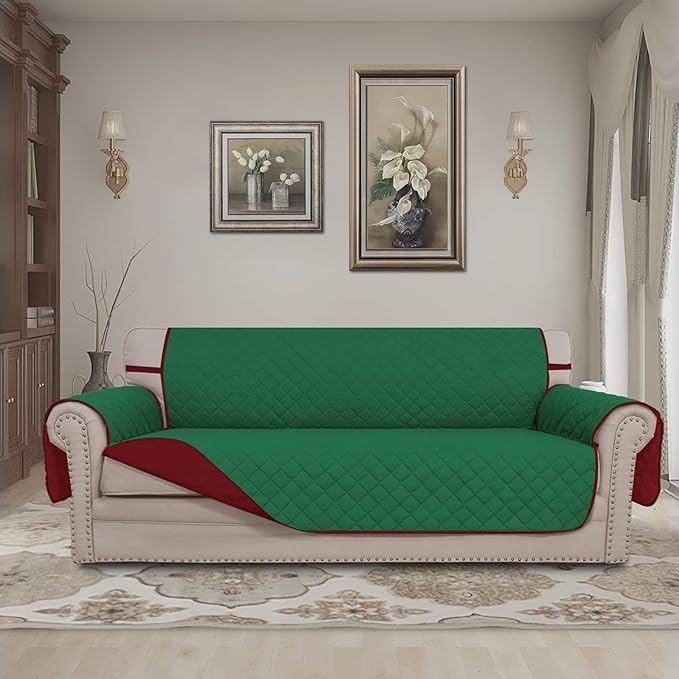Easy-Going 4 Seater Sofa Slipcover Reversible Sofa Cover Water Resistant Couch Cover with Foam Sticks Elastic Straps Furniture Protector for Pets Children Dog Cat (XX-Large, Green/Christmas Red)