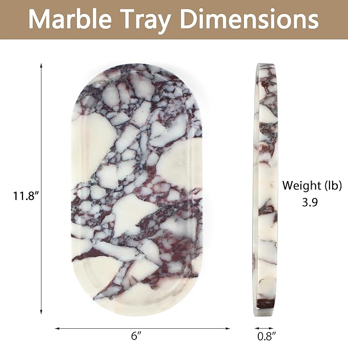 YMXYJM Real Natural Marble Tray for Bathroom, Luxury Calacatta Viola Stone Vanity Tray, Decorative Oval Trays for Countertop Storage Organizer, Dresser, Kitchen, Home Decor, 11.8" x 6", Purple