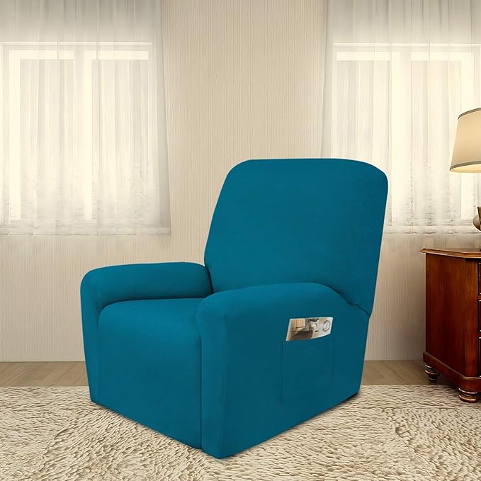 PureFit Super Stretch Recliner Sofa Slipcover with Pocket – Spandex Non Slip Soft Couch Sofa Cover, Washable Furniture Protector with Elastic Bottom for Kids, Pets （Recliner, Peacock Blue）