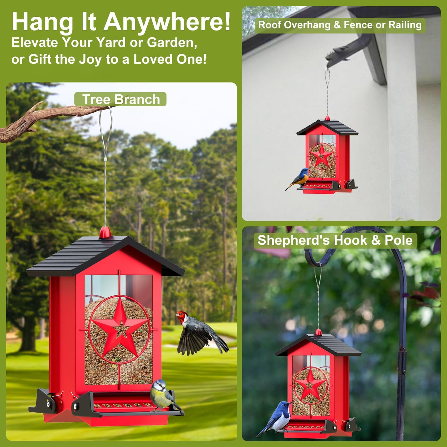 Squirrel Proof Bird Feeders for Outdoors with Weight-Activated, Metal 5LB Large Wild Bird Feeders for Cardinals,Blue Jay,Finch, Weatherproof Durable Hanging Bird Feeder for Backyard,Garden (Red)