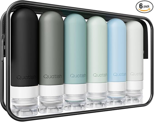 Quatish Travel Bottles for Toiletries 6 Pack, Original Patented Leakproof 3 oz Tsa Approved Travel Size Containers, BPA Free Silicone Shampoo and Conditioner Bottles, Cruise Camping Essentials, Black