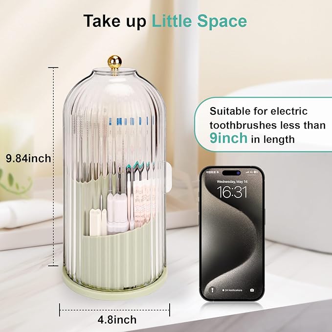 QIYVLOS Toothbrush Holders with Sliding Lid, Rotating 3 Slots Bathroom Organizer Countertop, Tooth Brush Toothpaste Holder Bathroom Counter Stand Sink Organizer Caddy for Makeup Brushes Holder (Green)