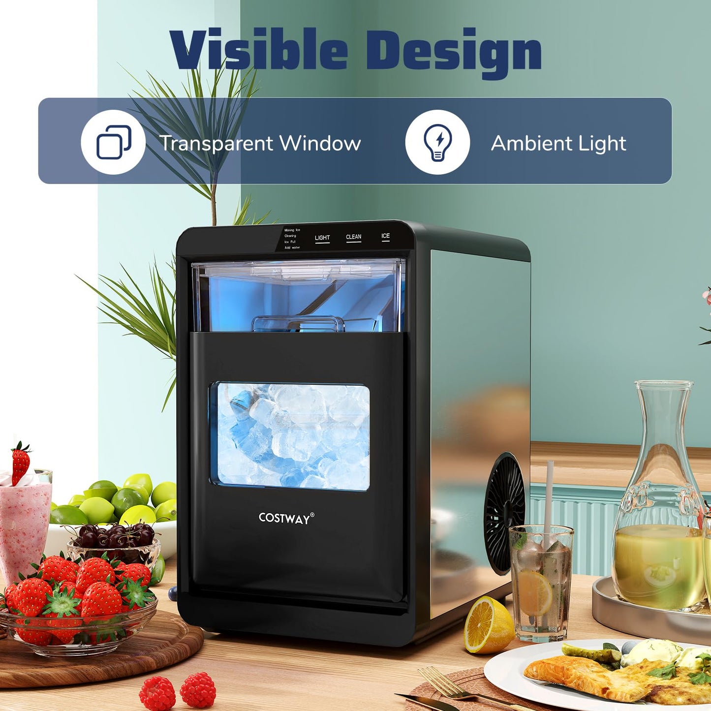 COSTWAY Countertop Nugget Ice Maker, 44 lbs/24H Chewable Sonic Ice Machine w/Self Cleaning, Ready in 6 Mins, Low Noise, Pull-Out Water Tank & Touch Control Panel for Home, Bar, Kitchen, RV