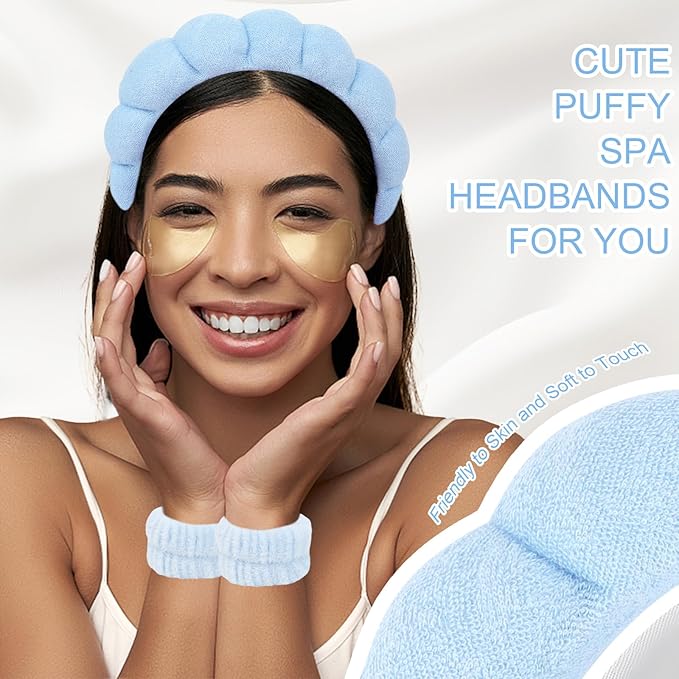 6Pcs Blue Spa Set, Skincare Wrist Washbands, Terry Cloth Headbands for Face Washing