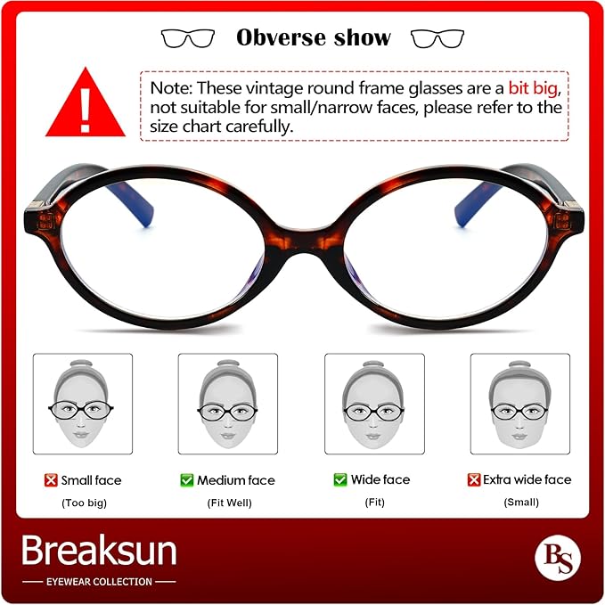 Breaksun Fashion Oval Glasses for Women Men Retro Round Tortoise Frame Blue Light Glasses Nerd Eyeglasses