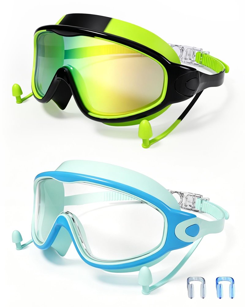 YLKJSWIM Swim Goggles for Kids 3-15 with Earplugs Large Frame Anti-Fog/UV Swimming Goggles for Boys Girls Toddler 2PCS (Green Black+Blue New)