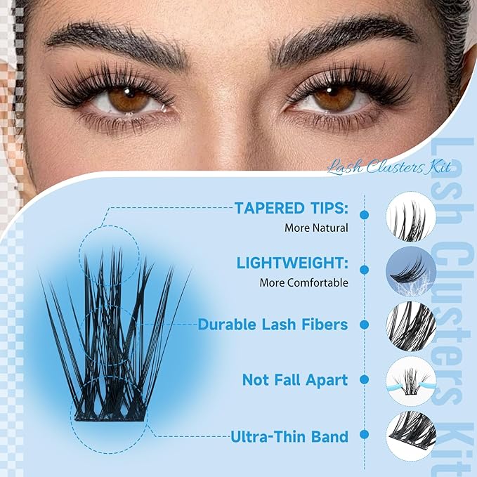 KEVKEV Lash Clusters Kit 144pcs Lashes Clusters 8-18mm Lash Extension Kit Thin Band Eyelash Extension Kit Lash Clusters with Lash Bond and Seal Lash Tweezers DIY Lash At Home(Kit-K01)