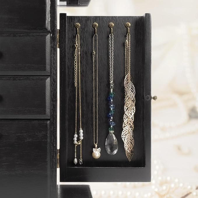 Emfogo Jewelry Box for Women, Rustic Wooden Jewelry Boxes & Organizers with Mirror, 4 Layer Jewelry Organizer Box Display for Rings Earrings Necklaces Bracelets (Black)