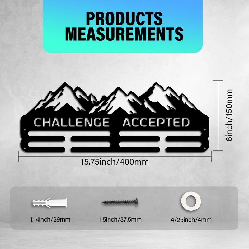 PH PandaHall Mountain Medal Hangers Wall Mounted Challenge Accepted Medal Rack Display Metal Triathlon Running Sport Challenge Awards Hanging Holder for Over 50 Competition Medal Necklace Jewelry