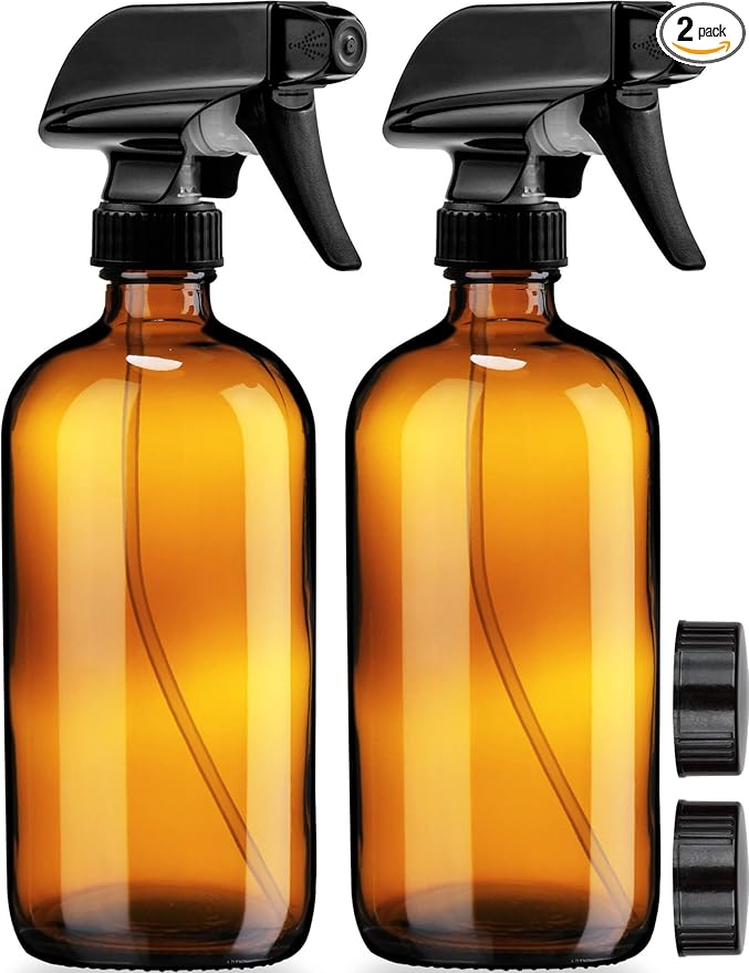 Sally's Organics Empty Amber Glass Spray Bottles - 2 Pack - Large 16oz Refillable Bottle for is Great for Essential Oils, Plants, Cleaning Solutions, Hair - Durable Nozzle - Fine Mist/Stream Setting