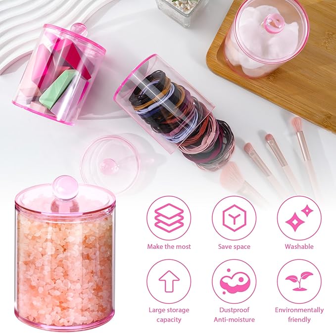 XIPENGKEJI 6 Pack Qtip Holder,Canister Apothecary Jar Set, Bathroom Jars with Lids Set for Cotton Swabs, Balls, Pads, Floss Picks,10oz-12oz Plastic Canisters Restroom Bedroom Vanity Organizer(Pink)