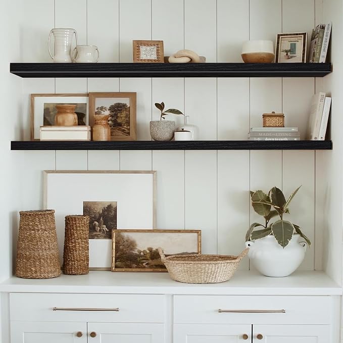 QEEIG Floating Shelves for Wall 55.1" Extra Long - Wall Mounted Shelf Bathroom Kitchen Living Room Bedroom Farmhouse Home Decor Display Bookshelf Large 55.1 x 9.3 inch Set of 2, Black (008-140B)