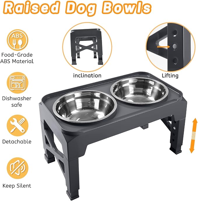 Hubulk Elevated Dog Bowls with 2 Stainless Steel Food & Water Raised Bowls with No Spill Edge Non-Slip Stand Adjusts to 5 Heights(3.2", 8.77", 9.9",11.1", 12.3")for Small Medium Large Dog and Pet Grey