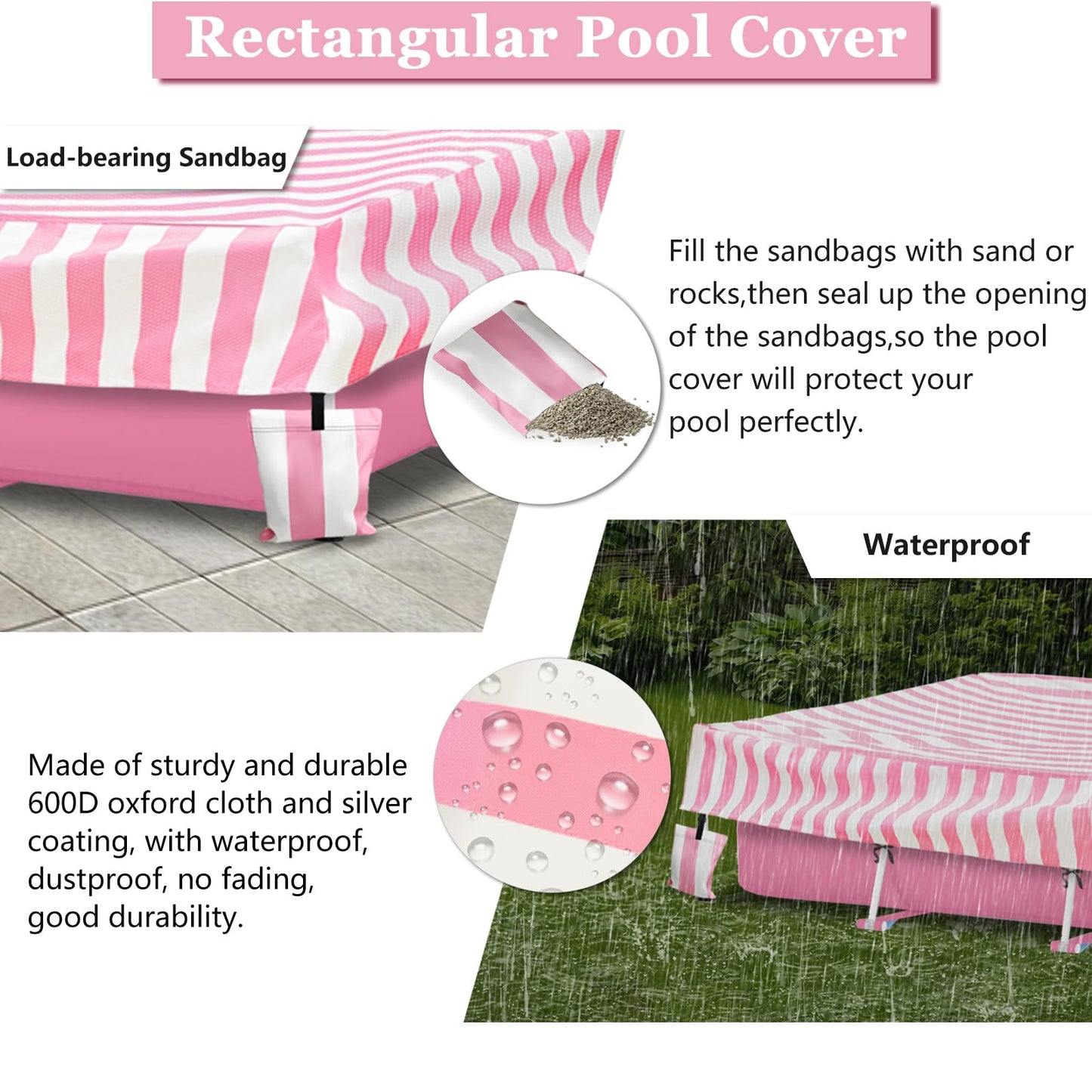 Sobana Rectangular Pool Cover,Waterproof Covers for 7' x 5' x 24" Rectangular Metal Frame Above Ground Outdoor Swimming Pool,with Tie-Down Ropes & 4 Sandbags,Increase Stability(Cover only,Pink)