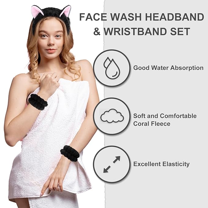 CAVETEE 3 Piece Cute Headband Set - Elastic Cosmetic Headband, Wristband for Women, Girls Skincare, Shower