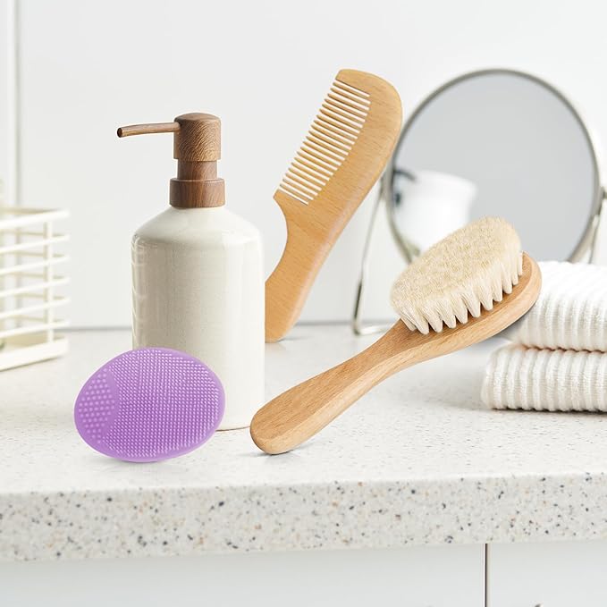 Baby Hair Brush and Comb Set for Newborns & Toddlers | Wooden Baby Brush Set with Soft Goat Bristles l Wood Comb l Purple Cradle Cap Brush| Ideal for Cradle Cap (3 Piece)