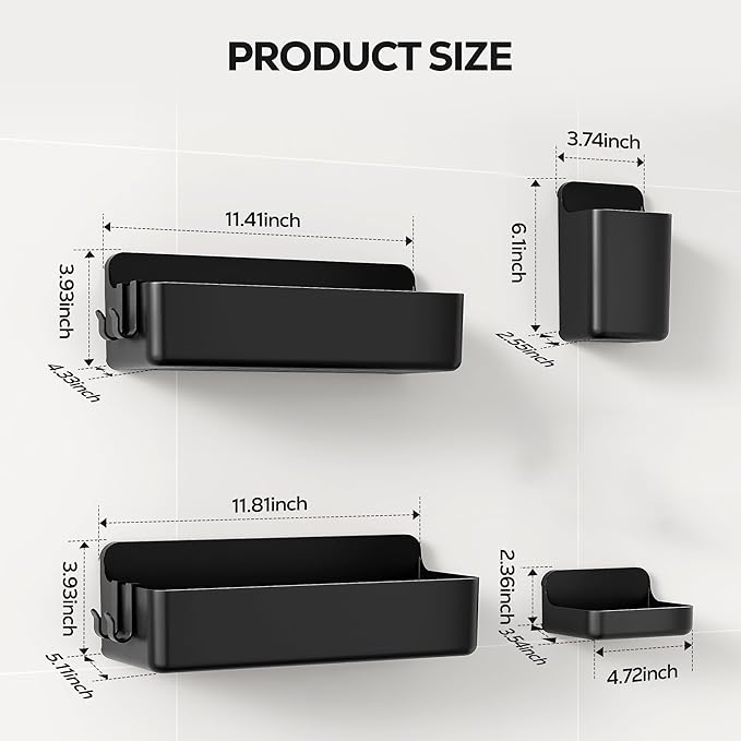 Nieifi Adhesive Wall Shelf, Shower Shelves, Shower Organizer for Bathroom Organization (Black, 4 pieces)