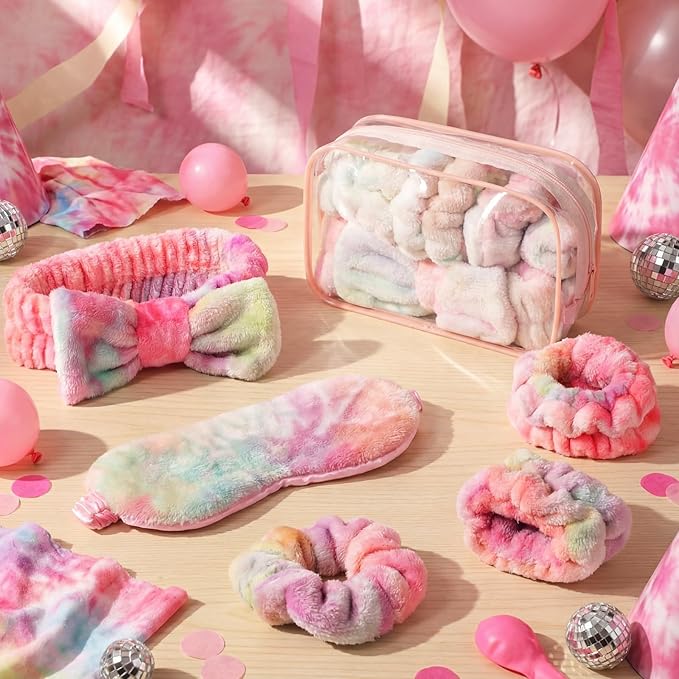 Hoteam 10 Pcs Spa Party Supplies Gift Set Sleepover Party Favor Spa Headband Wristband Sleep Eye Mask Velvet Scrunchies for Skin Care Makeup Slumber Night Favor(Tie Dye Rainbow)