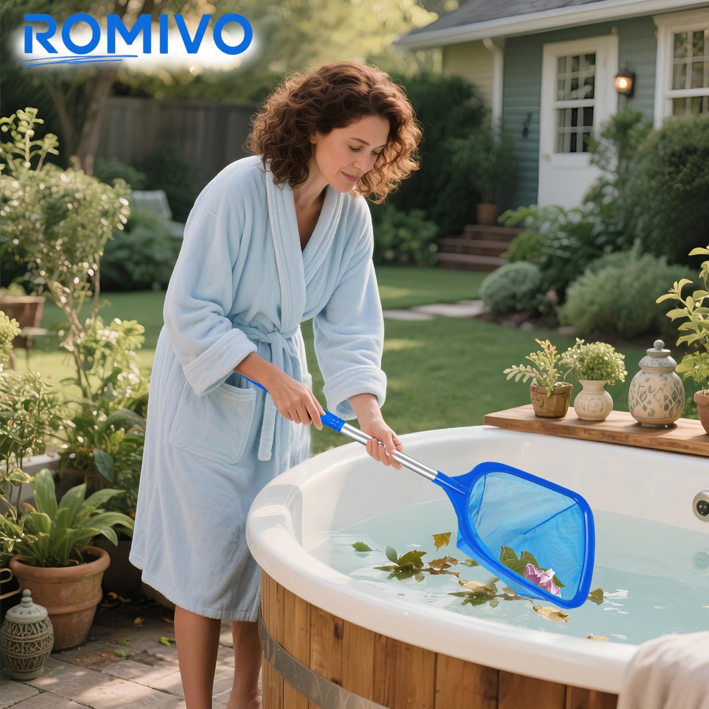 ROMIVO Hot Tub Pool Skimmer Net with Pole for Above Ground Inground Pool, Fine Mesh Pool Net Skimmer for Hot Tub Spa Fountain Pond, Pool Nets for Cleaning Length 31.7'' to 5.7 FT