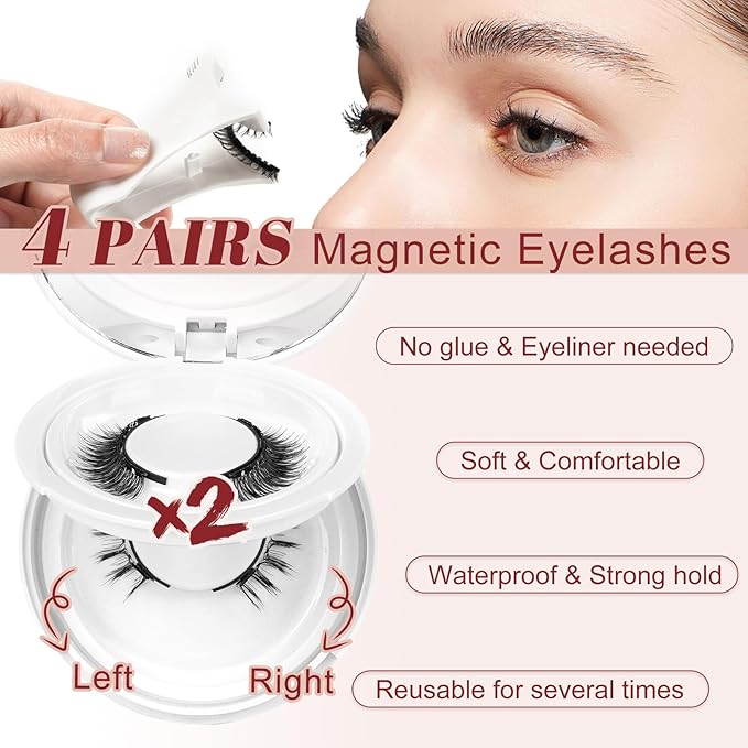 Higu clace Magnetic Eyelashes 4Pairs Magnetic Eyelashes with Applicator Soft Magnetic Lashes Natural Look Wispy Magnet Lashes Without Eyeliner Easy to Wear and Remove(DJCX-F03Ã¯Â¼Â
