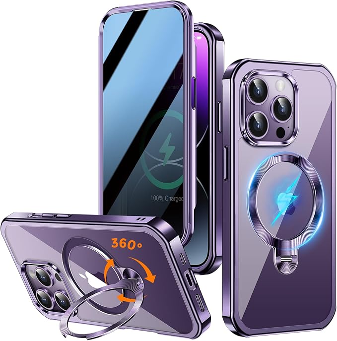 [360° Rotatable CD Stand & Built-in Privacy Screen] Magnetic Case for iPhone 14 Pro Max[Compatible with MagSafe&Full Signal]Mil-Grade Shockproof Full body Anti-Spy Cover for 14 Pro Max-Purple