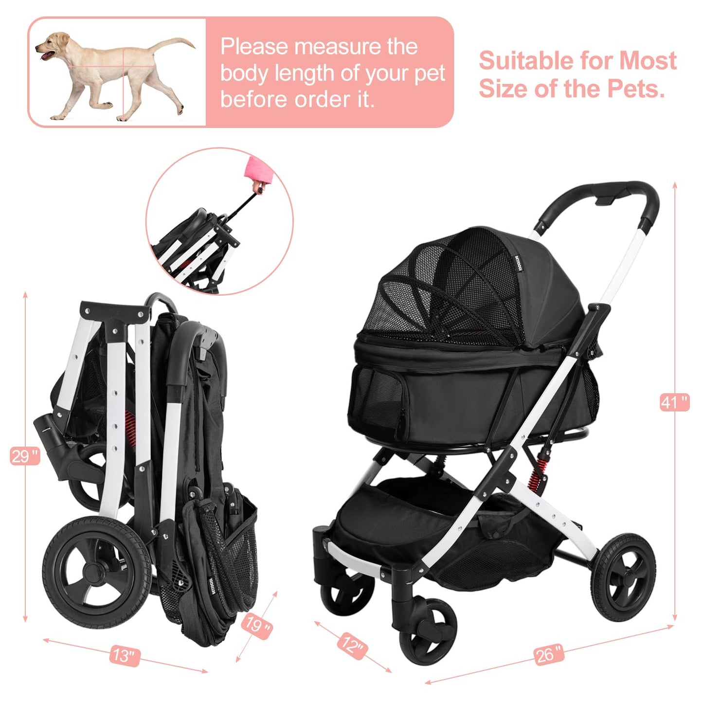 BETSOCCI Pet Stroller for Medium Small Dog & Cat, Foldable Lightweight Dog Stroller with Storage Basket Pet Travel Carriage with Safety Leashes, 4 Wheel, Black