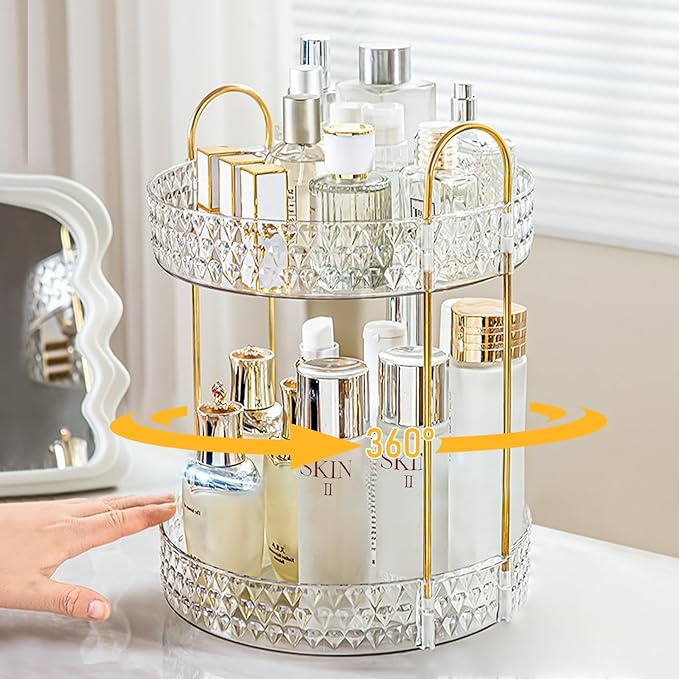 Rotating Makeup Organizer for Vanity, 2 Tier Perfume Skincare Storage for Women, Bathroom Counter Organizer, 360ÃÂ° Spinning Cosmetic Holder for Dresser Countertop, Clear