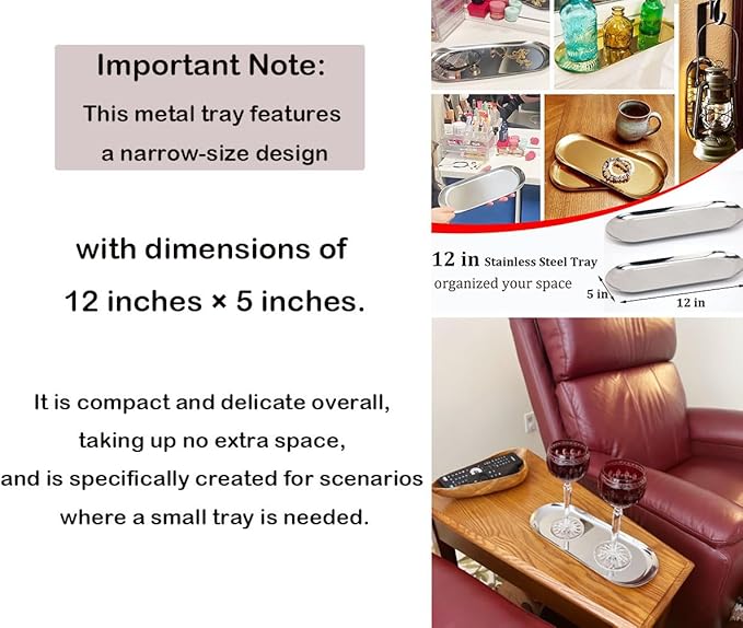 Fermus Stainless Steel Decorative Tray, Set of 2, 12 Inch Long, Jewelry Dish Cosmetics Organizer Bathroom Clutter Serving Platter Small Storage Tray, Oval, Gold