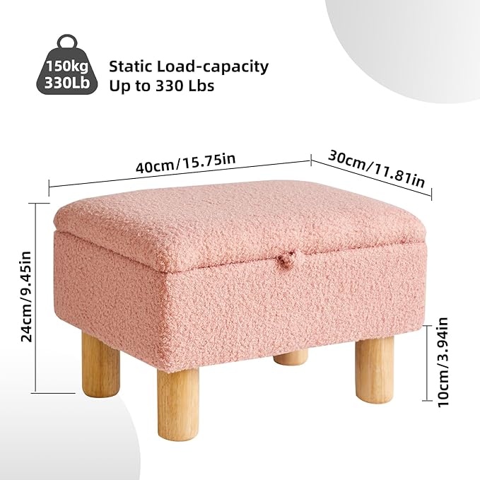 Aibiju Teddy Velvet Small Ottoman Foot Rest, Foot Stools with Storage Small, Upholstered Rectangle Wood Ottoman with Safety Hinge Flip Top, Bed Stool for Bedroom Dorm Teddy Pink YD-JD136P