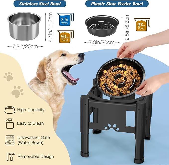 Lewondr Elevated Dog Water Bowl No Spill, 80OZ/2.5L Large Capacity Raised Water Bowl for Dogs with Slow Feeder Dog Bowl, 3 Heights Adjustable Elevated Dog Slow Water Bowl for Small Medium Large Dogs