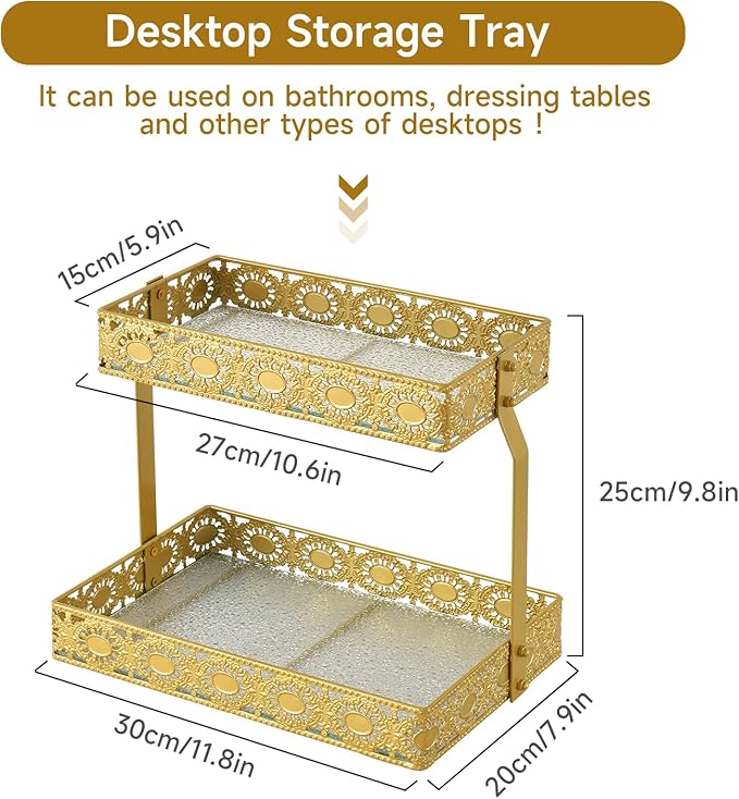 xiaojuande-Two Layer Glass Storage Tray with Portable Dressing Table Skin Care Product Organization Rack Corner Storage Rack for Bathroom Counter High-end Light Luxury Display Plate - Gold (Gold)
