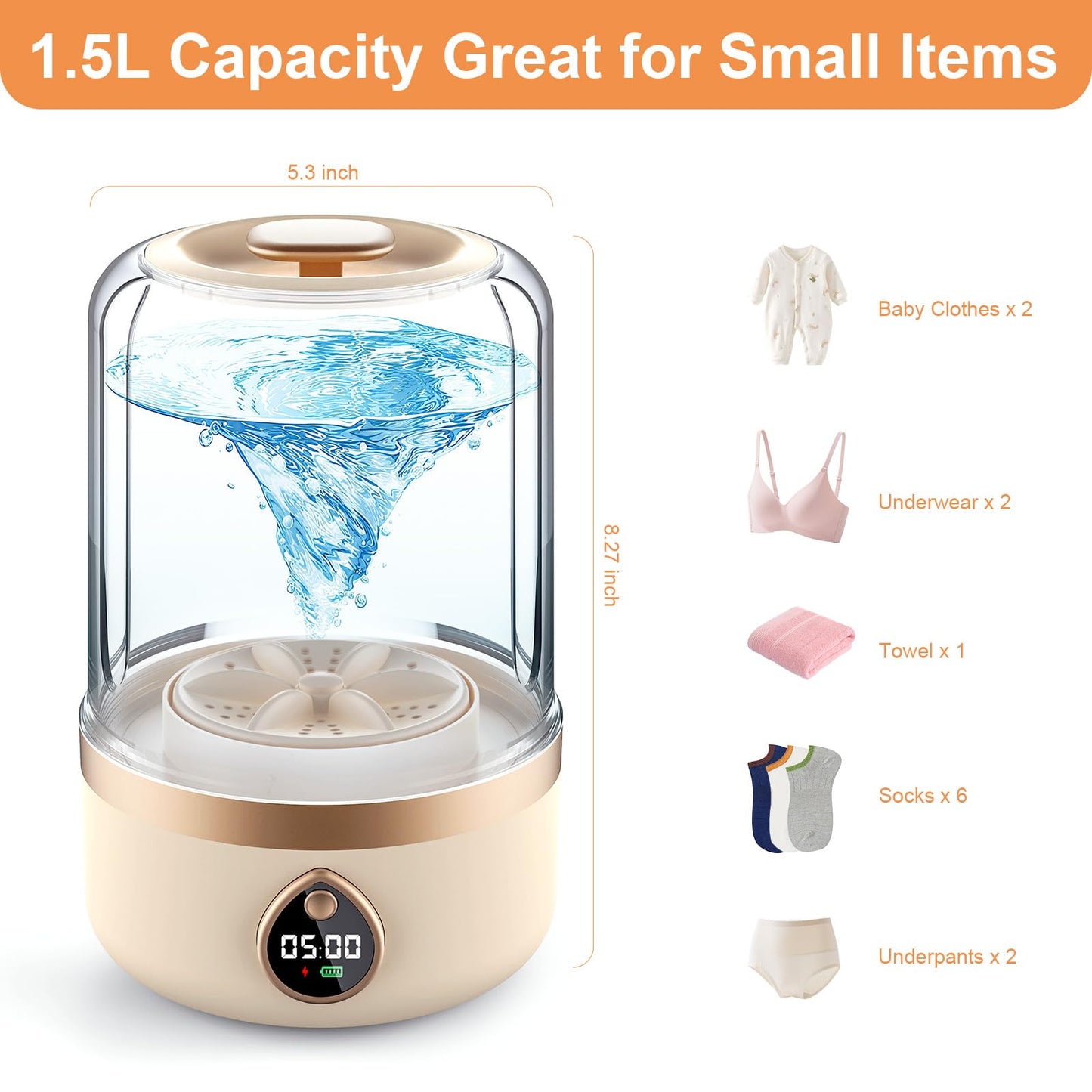 Underwear Washer, Portable Mini Washing Machine, Upgraded Mini Washings Machines, Rechargeable Cordless Washing-Machine, Laundry Cup for Bra, Underwear, Socks (1.5L apricot)