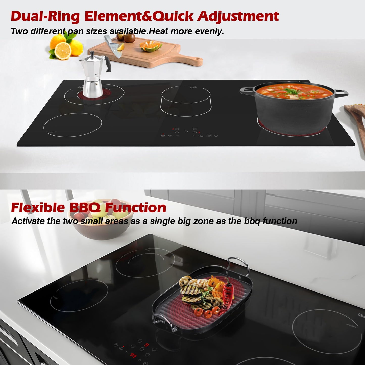 Electric Cooktop 36 Inch 5 Burners,220~240V,Built in Electric Stove Top,8400W Radiant Ceramic Cooktop with Hardwired,Touch Control,Child Lock,Dual-Ring Heating,Expandable Zones