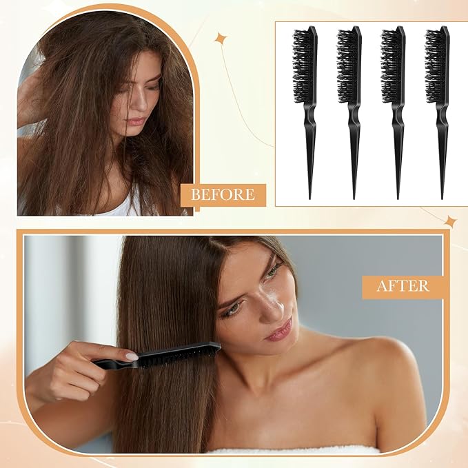 Yaomiao 6 Pcs Teasing Brush for Fine Hair Nylon Rat Tail Brush Set Women Three Row Salon Teasing Set for Back Combing, Root Hair Scalp Massage(Black)