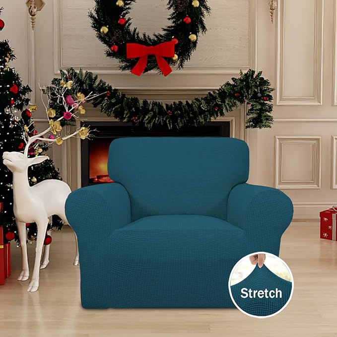 Easy-Going Stretch Chair Sofa Slipcover 1-Piece Couch Sofa Cover Furniture Protector Soft with Elastic Bottom for Kids, Pet. Spandex Jacquard Fabric Small Checks (Chair, Peacock Blue)