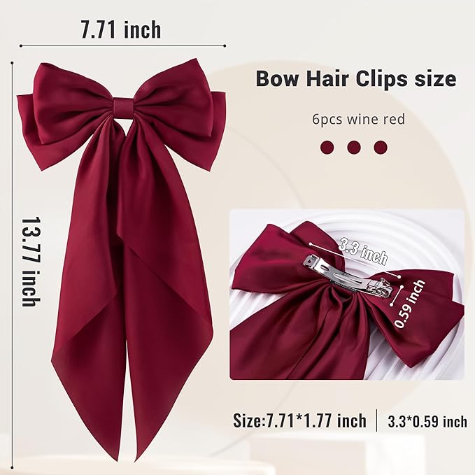 6Pcs Large Bows Hair Clips for Women Girls Long Tail Hair Ribbon Silky Satin Barrettes Coquette Hair Bows Accessories (Dark Red)