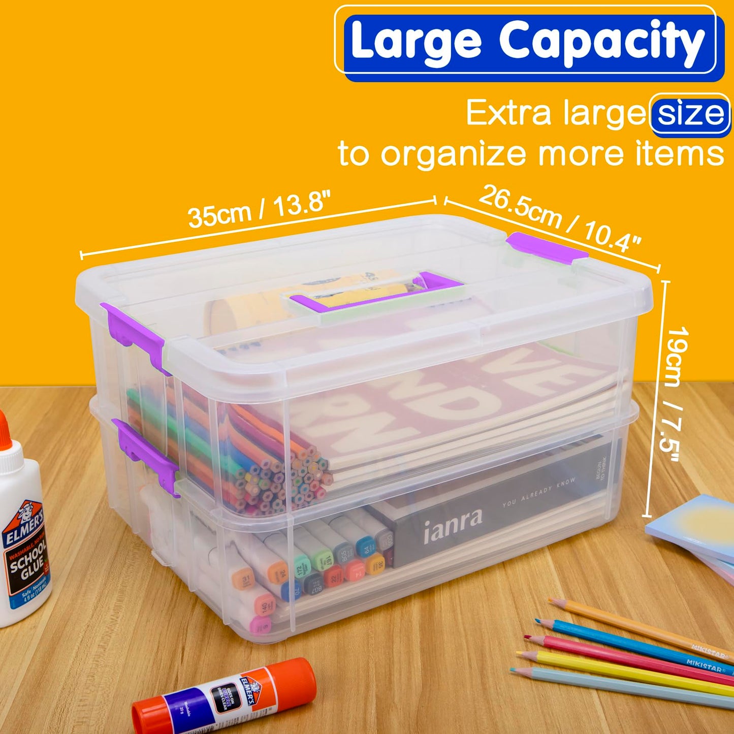 TERGOO 2 Layer Plastic Storage Containers with Lids, Multipurpose Clear Stack & Carry Box, Portable Craft Organizers and Storage Bin for Organizing Art & Craft, Sewing, Makeup, Nail Supplies (Purple)