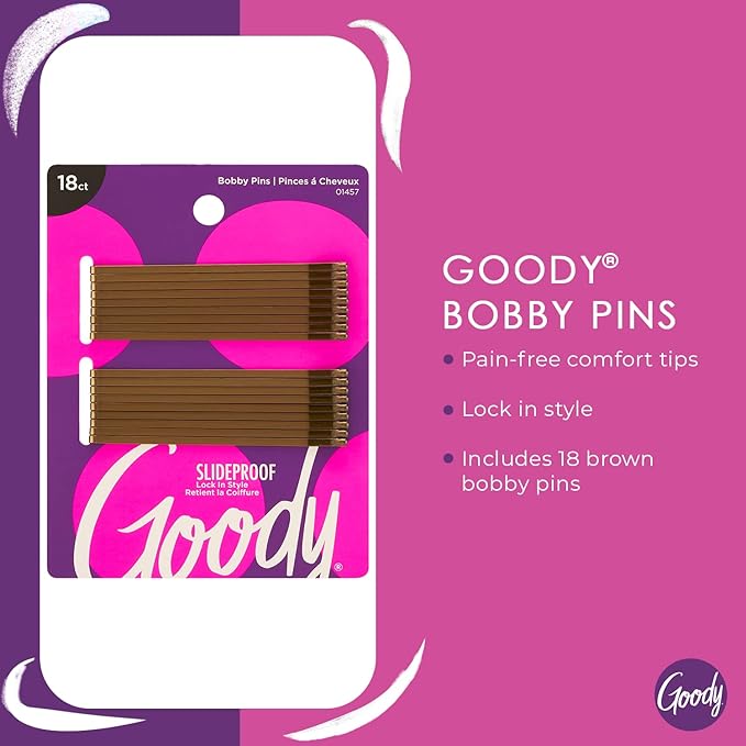 Goody SlideProof Hair Bobby Pins, 18 Count, Brown, Slideproof and Lock-In Place, Suitable for All Hair Types, Pain-Free Accessories for Women, Men, Boys and Girls, All Day Comfort