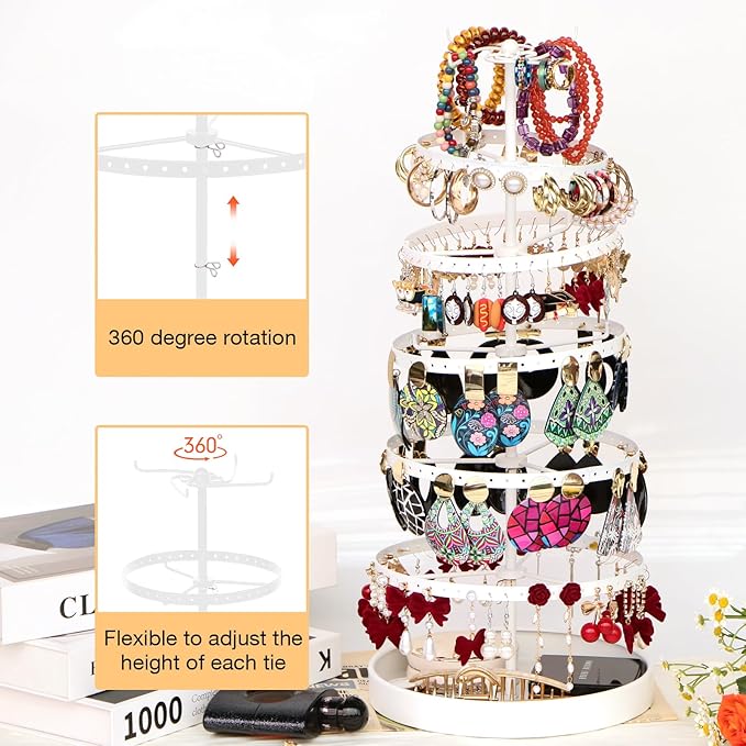6 Tier Rotating Jewelry Organizer Stand, 230 Holes Earring Holder Organizer for Women Girls, Spinning Earring Tree with Ring Holder, Wide Base for Bracelets Watches Lipstick