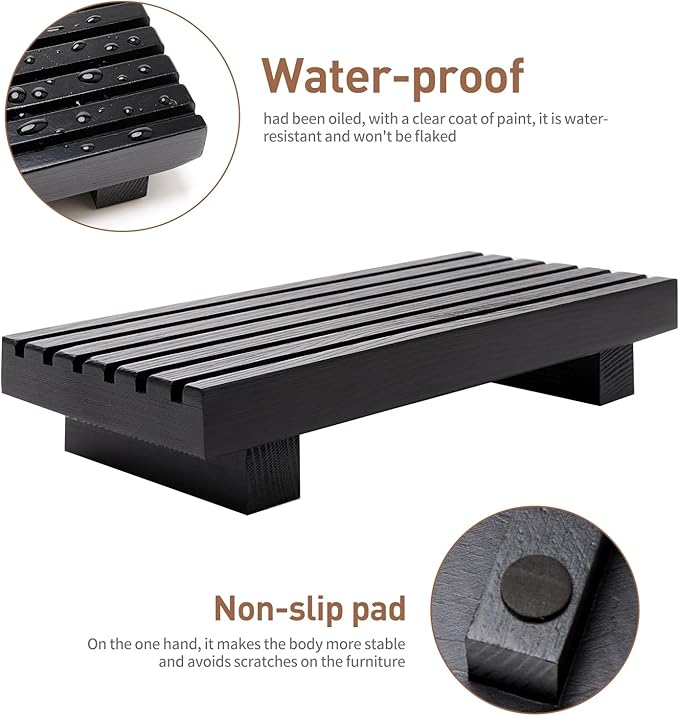 Small Bathroom Counter Organizer Tray Decorative Wood Display Pedestal Stand Kitchen Counter Soap Tray Wooden Risers for Bathroom Sink Accessories Vanity Black Bathroom Decor Dish Soap Holder