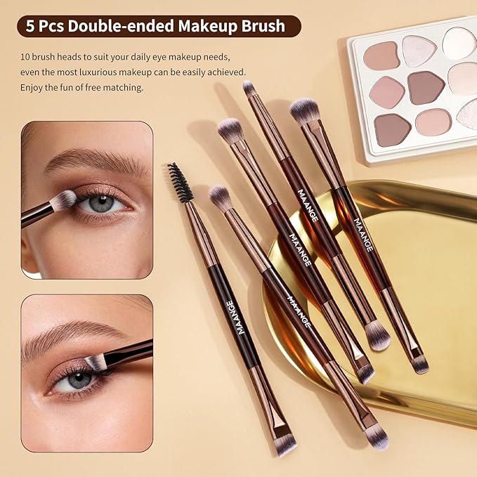 MAANGE 7 PCS Foundation Makeup Brush Set With Bag, Make up Brushes, Eyeshadow Concealer Brush, Double-ended Foundation Contour Powder Blush, Professional Face brush Set Tools For Liquid,Cream(Apricot)