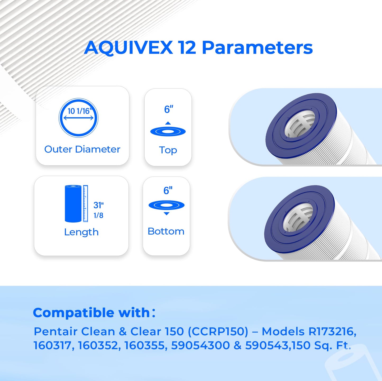 AQUIVEX CCRP150 Pool Filter Cartridge, Compatible with Pentair Clean & Clear 150, 160317, Pentair Clean and Clear RP 150, 160355, R173216, Pleatco PAP150, Filbur FC-0687, Unicel C-9415, 2 Pack